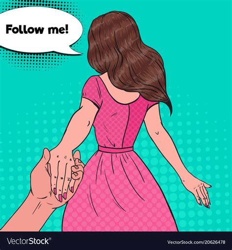 Pop Art Brunette Woman Holding Hands Follow Me Vector Image