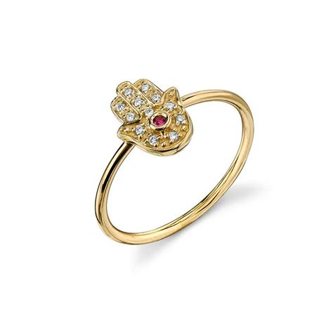 Delicate Jewellery Micro Pave Diamond Gold Hamsa Hand Ring With Ruby
