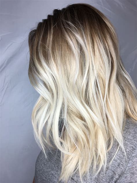 Blonde Balayage And Foilayage Combo With A Root Smudge Icy Blonde Waves Wavey Hair Dark Root