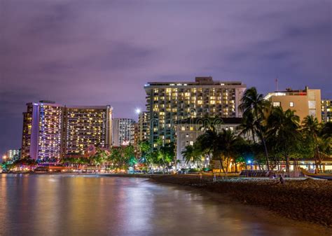 Skyscrapers On The Beach Of Waikiki In Honolulu Hawaii At Night