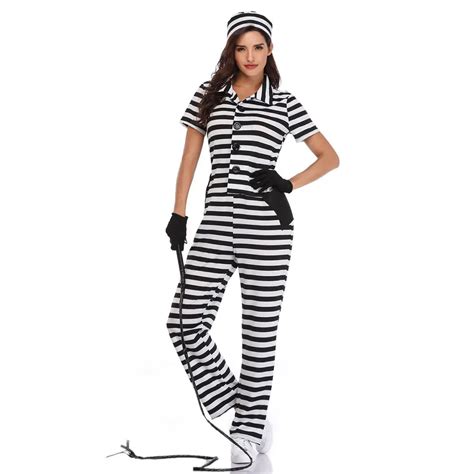 adult women convict prisoner costume cosplay outfit black white stripes jumpsuit tights fantasia