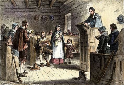Plymouth Colonists In Church 1620s Pilgrims Holding Worship Service