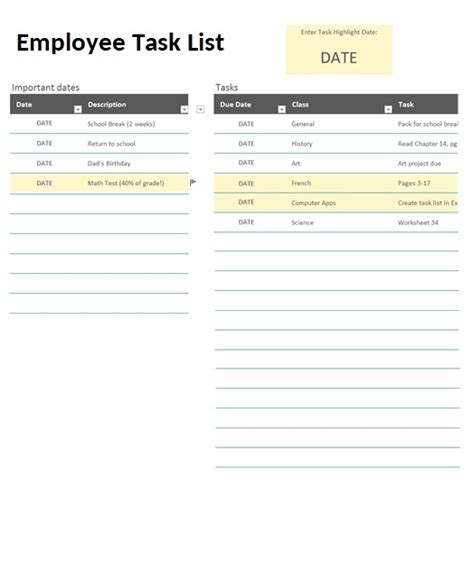 Employee Task List Templates 5 Printable Word Excel And Pdf Formats