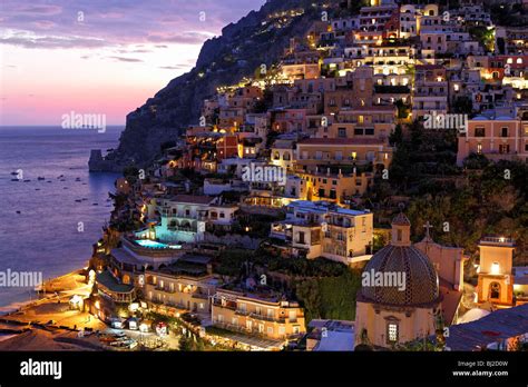 Positano At Sunset Amalfi Coast Italy Stock Photo Alamy