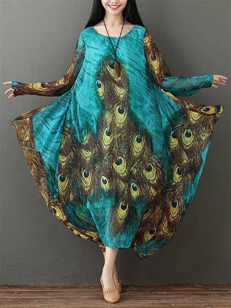 Gracila Women Vintage Peacock Feather Print Loose Long Sleeve Dresses