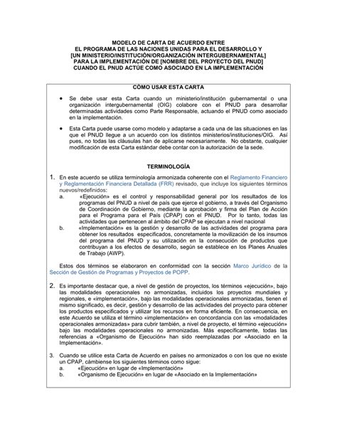 Modelo De Carta De Acuerdo Entre Un MinisterioinstituciÓn