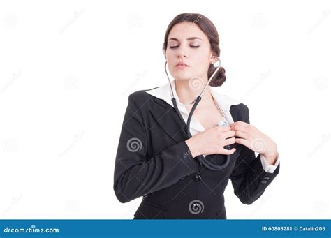 Young Female Doctor Or Medic Listening Her Heart With Stethoscop Stock