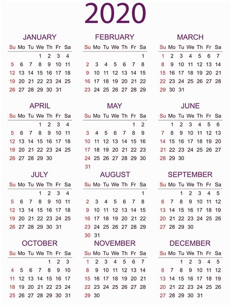 Yearly Calendar Planner 2020 Print Calendar Free Printable Calendar