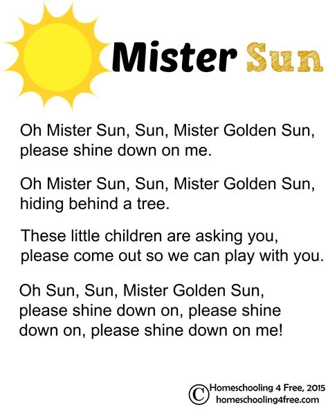 Mister Sun Craft And Printable Lyrics Classroom Songs Preschool