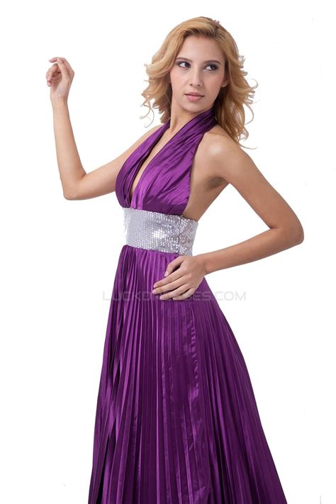 A Line Halter Long Purple Pleated Prom Evening Formal Party Dresses Ed010488
