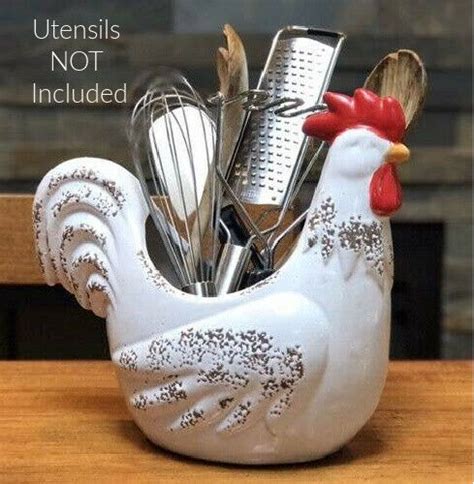 Get it as soon as fri, oct 9. New Farmhouse Rooster Hen RED WHITE CHICKEN UTENSIL HOLDER ...