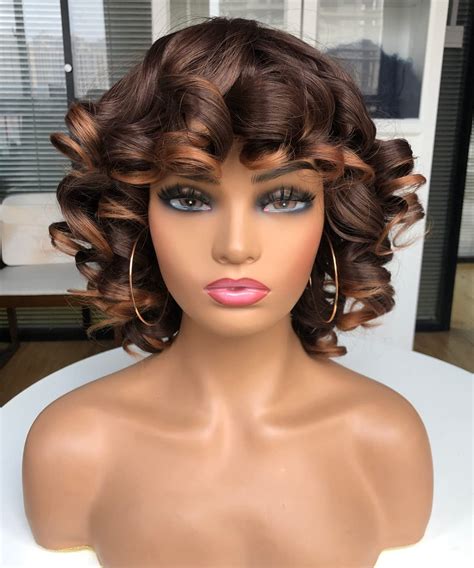 Annisoul Short Curly Wigs For Women With Bangs Synthetic Hair Wig For Daily Use Party Drak Brown
