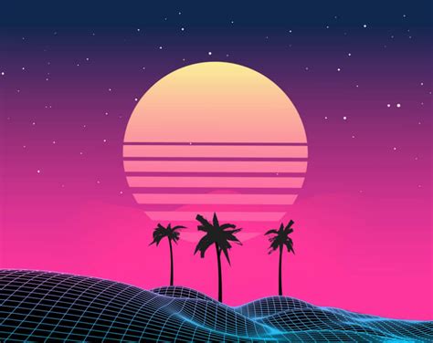 Download 80s Vaporwave Sun And Palm Trees Wallpaper