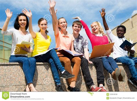 Excited Students With Arms Outdoors Stock Image Image Of Diversity