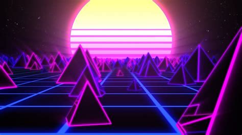 Retro Pyramids On 80s Synthwave Neon Landscape With Glowing Sun 4k Uhd