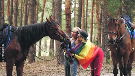 Lgbt Rainbow Flag Same Sex Love Young Lesbian Same Sex Couple Is