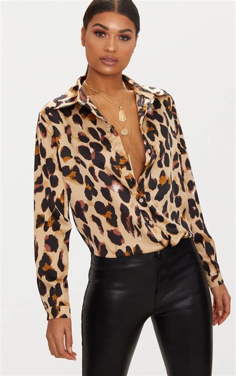 Tan Leopard Print Satin Oversized Shirt Tops Prettylittlething Uae