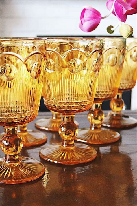 Mid Century Amber Drinking Goblets Set Of 6 Pressed Amber Etsy Drinking Goblet Amber Wine