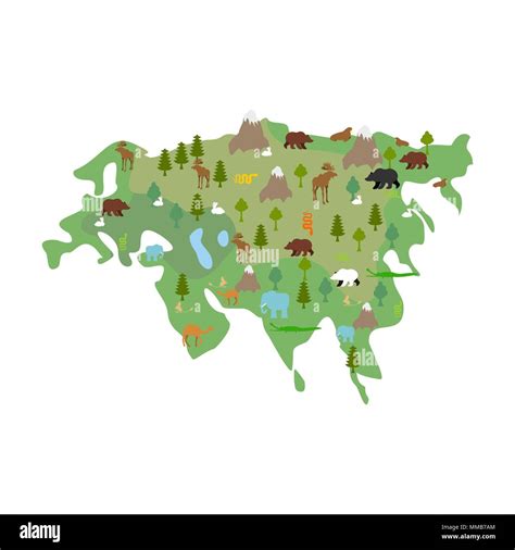 Eurasia Continent Map Animal And Plants Flora And Fauna On Mainland