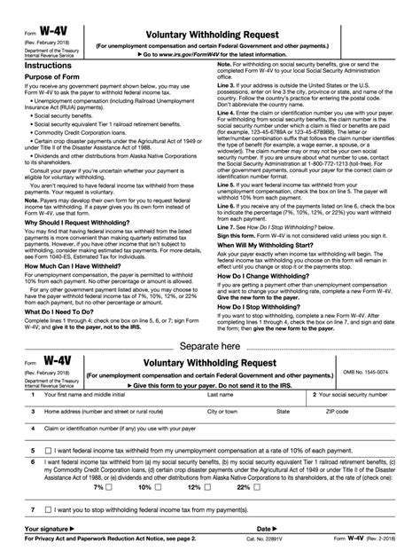 February 2018) department of the treasury internal revenue service voluntary withholding request (for unemployment compensation and certain federal government and other payments.) give this form to your payer. 2018-2021 Form IRS W-4V Fill Online, Printable, Fillable ...