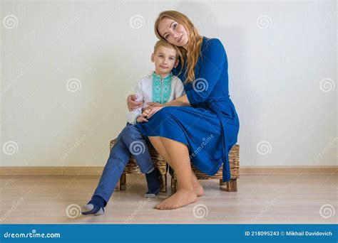 Happy Young Mother With Her Son In National Russian Clothes Stock
