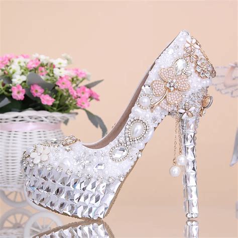 Crystal Pearl Wedding Shoes Ultra High Heels Platform White Bridal