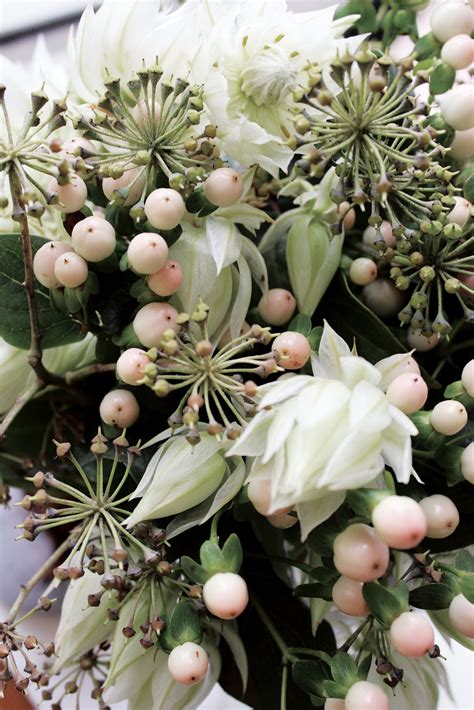 Detail Of White Hypericum Berries Ivy Flower Blushing Bride Bouquet