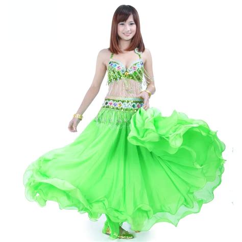Performance Green Women Dancewear Professional 3pcs Outfit Bra Belt Skirt Long Oriental Beaded