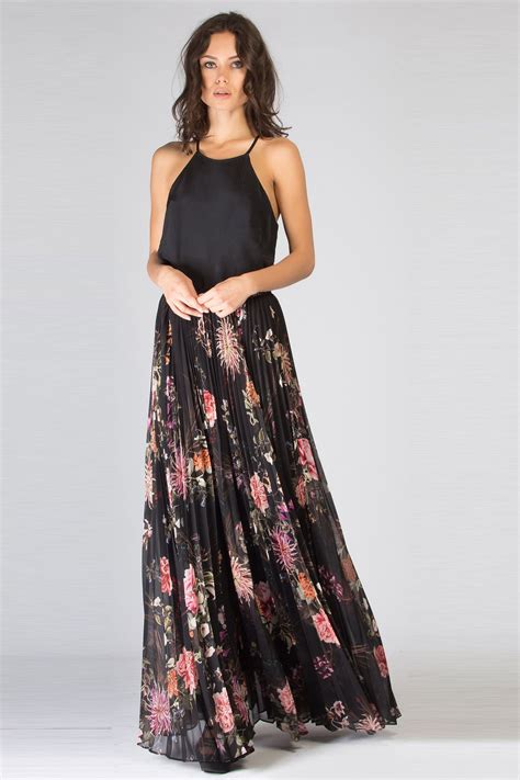 Black Floral Pleated Maxi Skirt Maxi Skirt Outfits Skirt Outfits