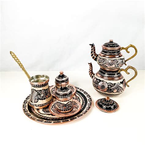 Handmade Turkish Copper Gift Tea Set Hand Painted Copper Etsy