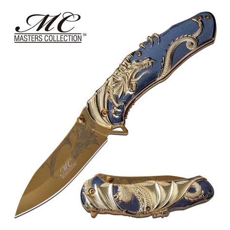 Gold Dragon Blue Handle Spring Assisted Opening Folding Knif