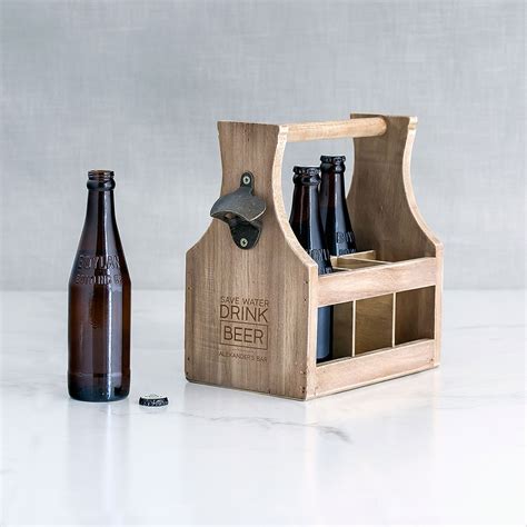 Wood Beer Bottle Caddy With Opener Save Water Drink Beer