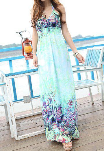 Green One Size Bohemian Style Halterneck Printed Backless Womens Maxi