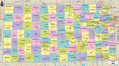 Kansas Map Counties Major Cities And Major Highways Digital Vector