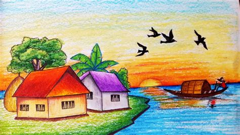 The gate house is composed by two twin houses, specular, connected by a bridge and with a gate under it. How to draw village scenery of sunset.Step by step(easy ...