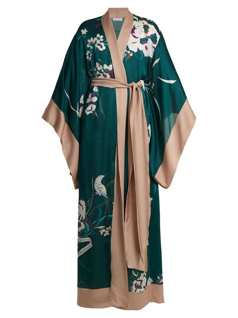 Carine Gilson Floral Print Silk Satin Kimono Robe In Green Lyst