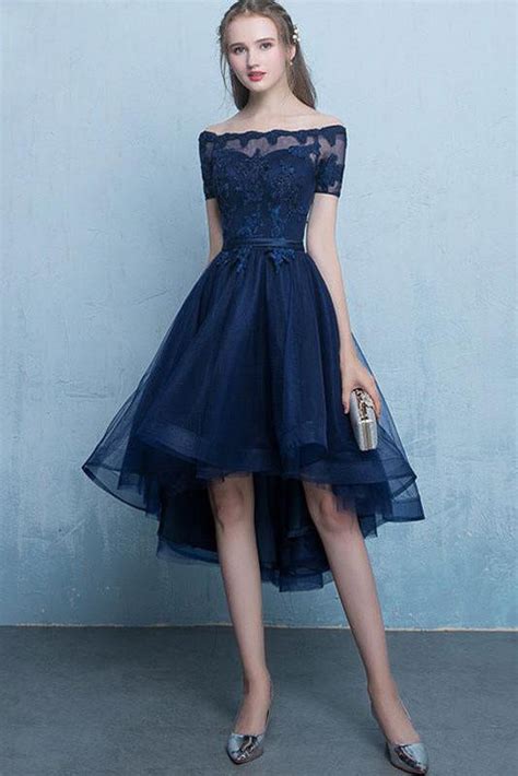 Dark Blue Off The Shoulder Tulle Homecoming Dress With Lace Appliques
