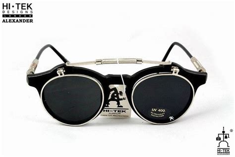 Hi Tek Alexander Retro 1950s Round Frame Black Vintage 1980s Goth Steampunk Flip Up Sunglasses