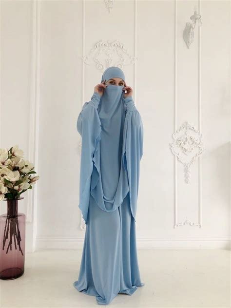 Sky Blue Khimar Niqab Transformer Traditional Ready To Wear Long Hijab With Skirt Islamic T