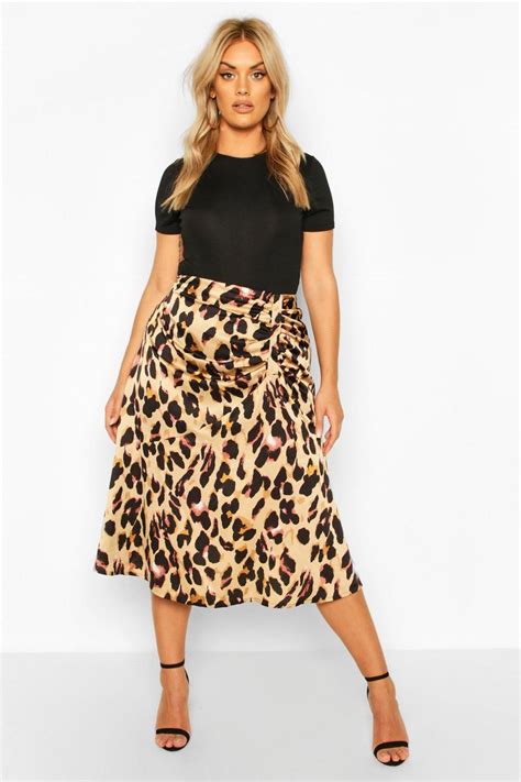 Womens Plus Leopard Print Satin Ruched Asymmetric Skirt Brown 14