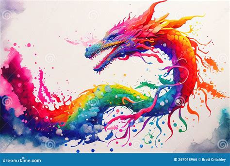 Colorful Rainbow Chinese Dragon Breathing Fire Watercolor Painting