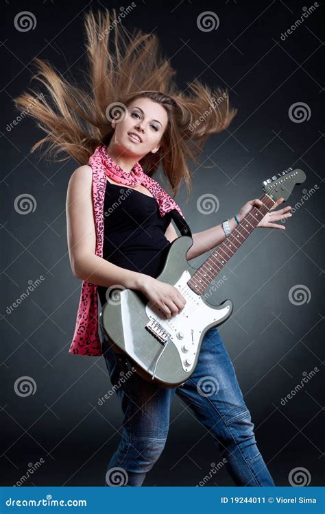 Headbanging Woman Guitarist Playing Her Guitar Stock Image Image Of