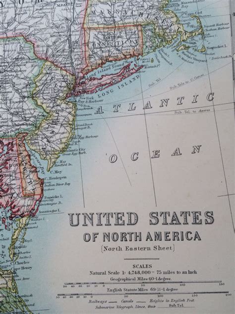 1907 United States Northeast Large Original Antique Map Cartography