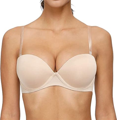 Womens Strapless Push Up Bra Clear Strap Invisible Back Full Coverage