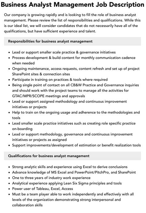 Business Analyst Management Job Description Velvet Jobs