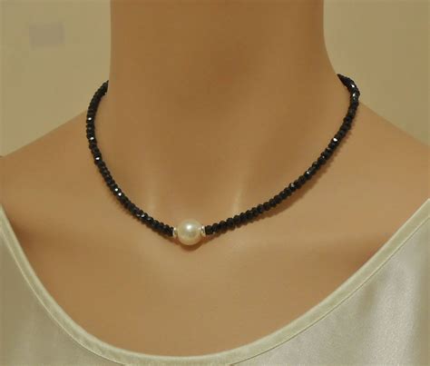 Black Spinel Necklace With Freshwater Pearl And Sterling Silver Collane Di Perle Collane