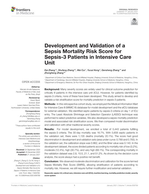 Pdf Development And Validation Of A Sepsis Mortality Risk Score For Sepsis 3 Patients In