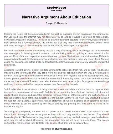 Narrative Argument About Education Free Essay Example