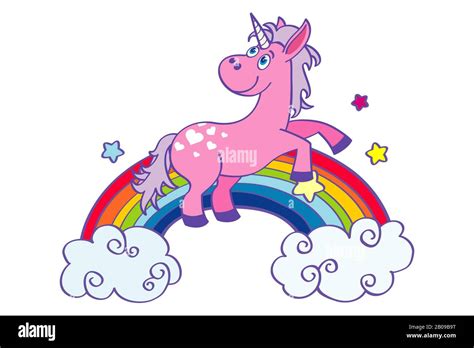 Hand Drawn Pink Unicorn Dancing On A Rainbow Happy Pony Vector