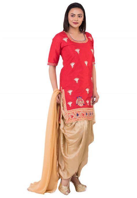 Gota Patti Bhagalpuri Silk Punjabi Suit In Red Kjn3204